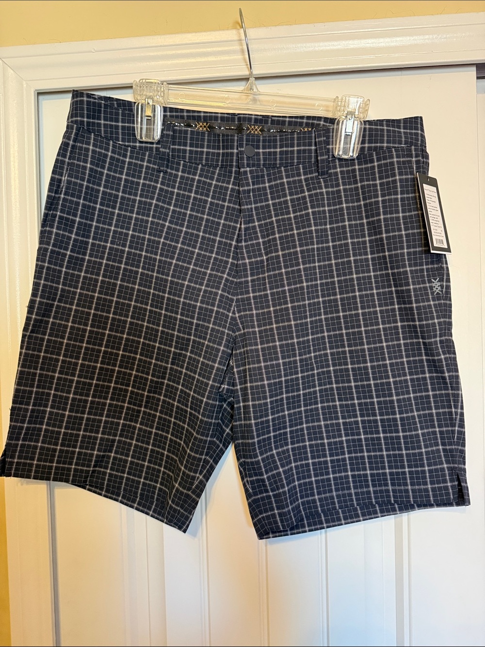 RHONE Men's Navy Plaid Flat Front Performance Shorts